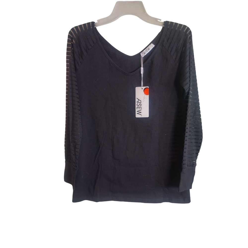 AISEW Womens Black V-Neck Top Sheer Striped Mesh Long Sleeve Cotton Blend S